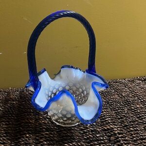 VINTAGE FENTON SAPPHIRE BLUE CREST OPALESCENT HOBNAIL  RUFFLE TOP BASKET